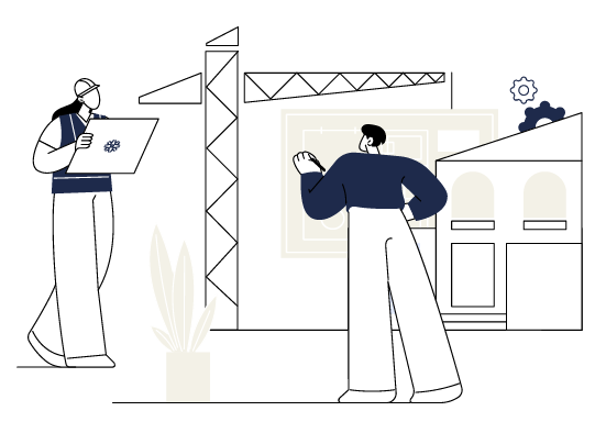 Auris - Conseil - AMO - MOEx - Chantier Illustration d'un chantier avec un maître d'œuvre et un consultant AMO analysant les plans, devant une grue et un bâtiment en construction.