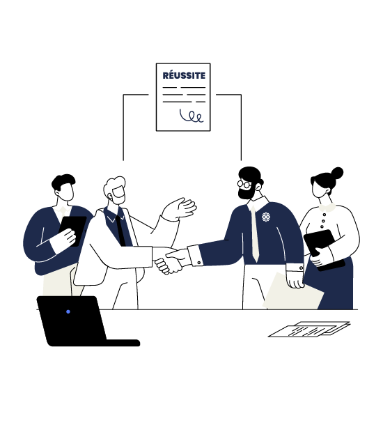 Réussir ensemble vos projets immobiliers – Conseil, AMO & MOEx Auris Illustration de collaboration professionnelle autour d’un projet immobilier, avec poignée de main symbolisant la réussite.